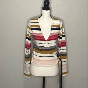 BILLABONG Shirt Cream Pink Black Striped Faux Wrap V Neck Side Tie Size Small